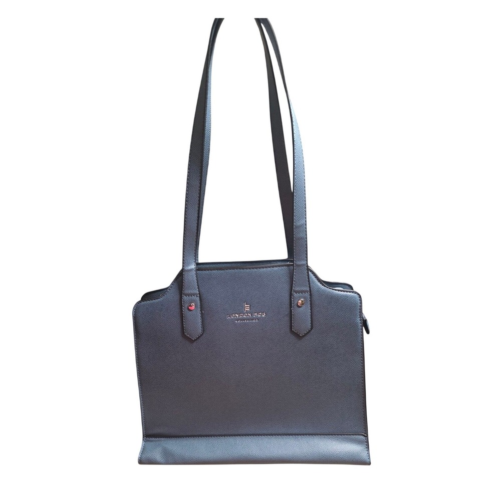 London Fog Blue Faux Leather Tote Shoulder Bag Everyday Work Purse Zip Top